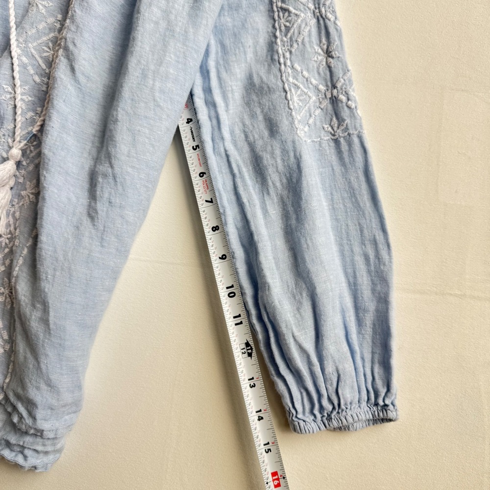 Joie Blue 100% Linen Embroidered Peasant Blouse Tassel Tie Top Size Medium - Picture 8 of 9